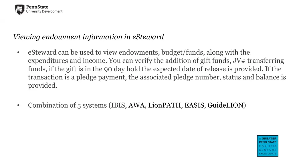 viewing endowment information in esteward