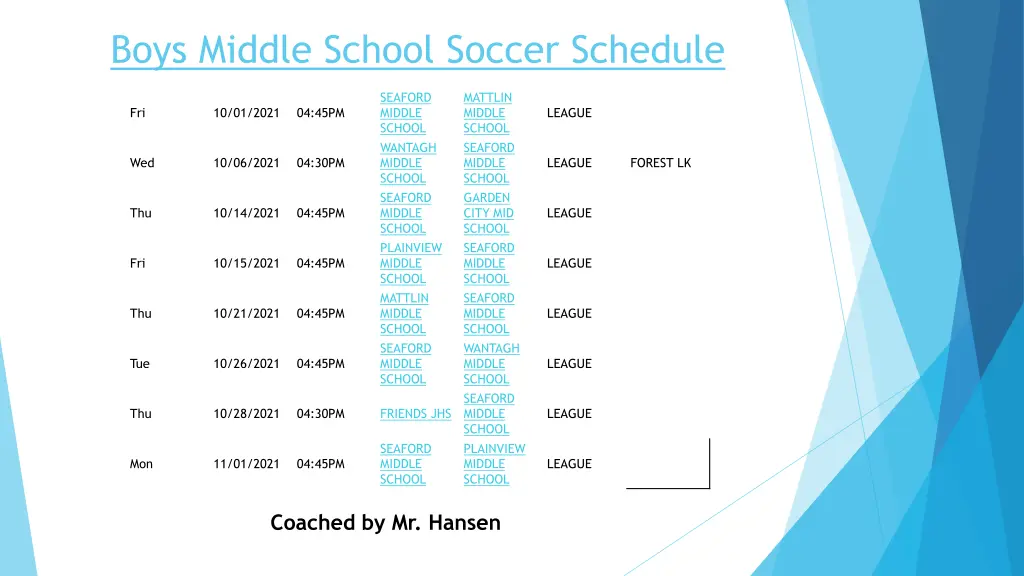 boys middle school soccer schedule