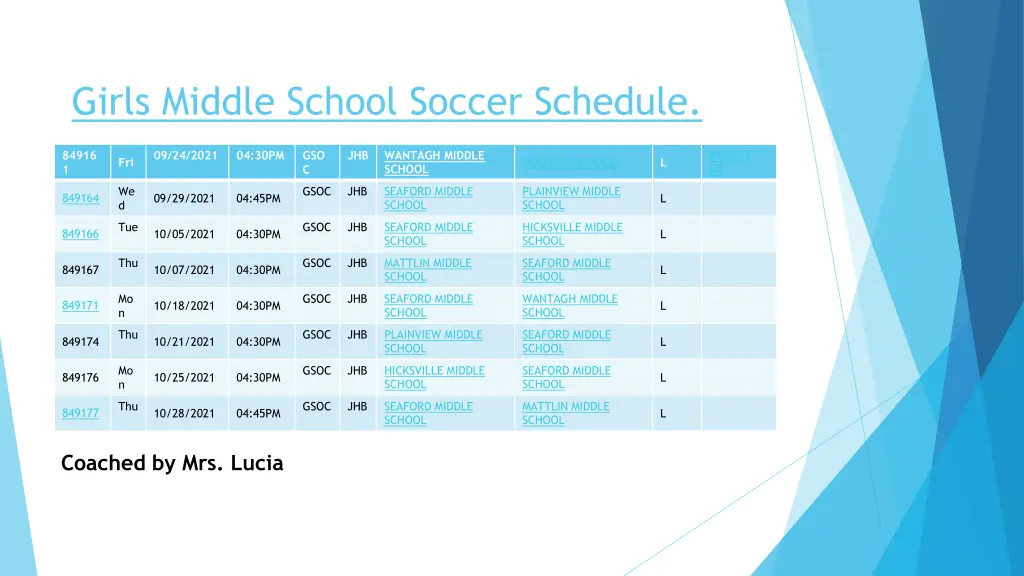 girls middle school soccer schedule