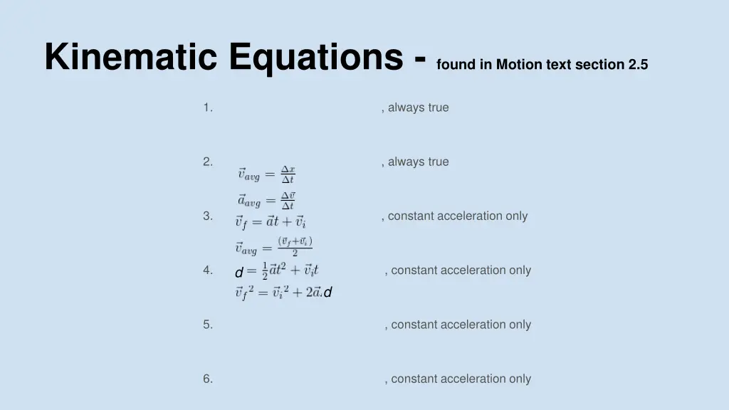 kinematic equations found in motion text section