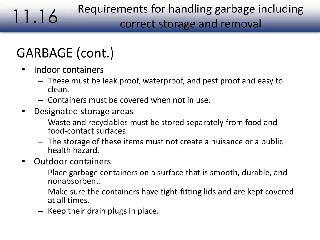 requirements for handling garbage including 1