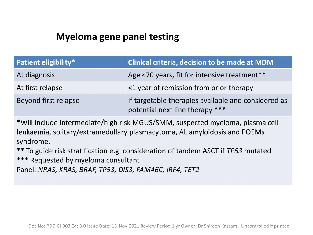 myeloma gene panel testing