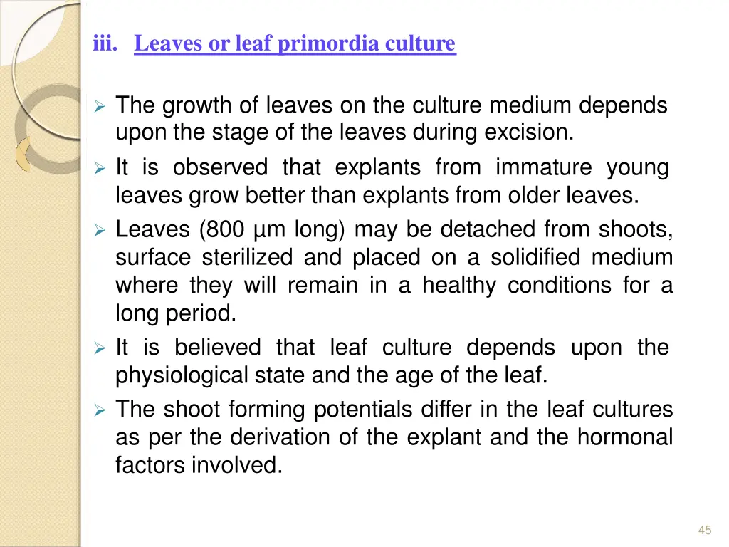 iii leaves or leaf primordia culture