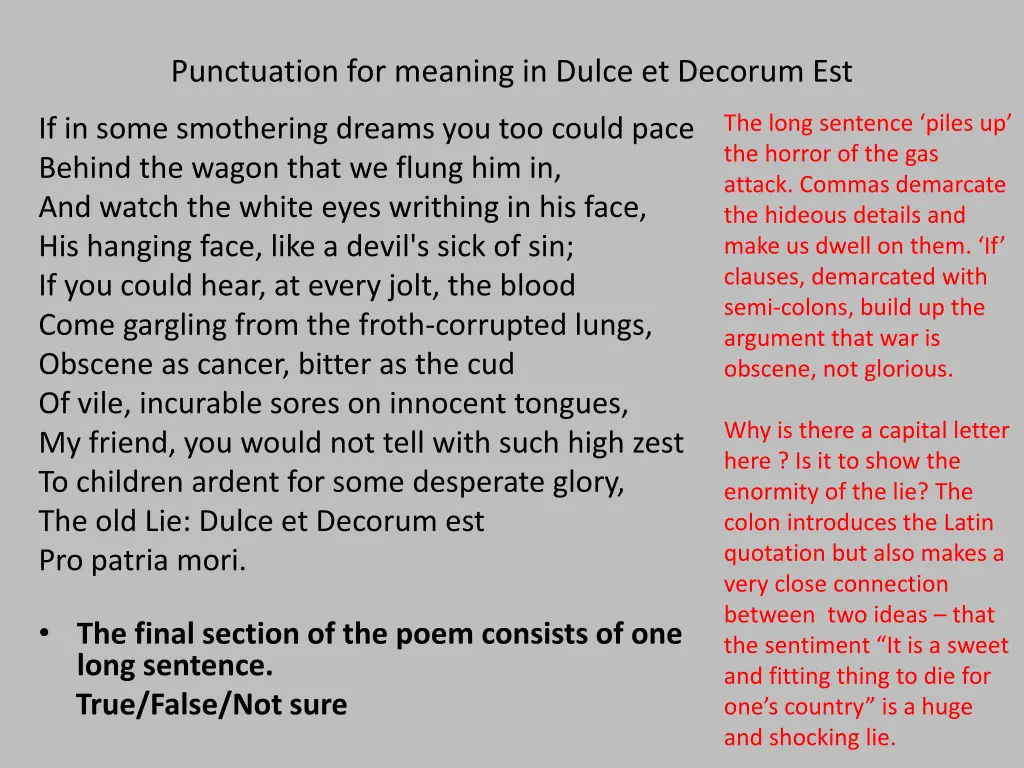 punctuation for meaning in dulce et decorum est 1