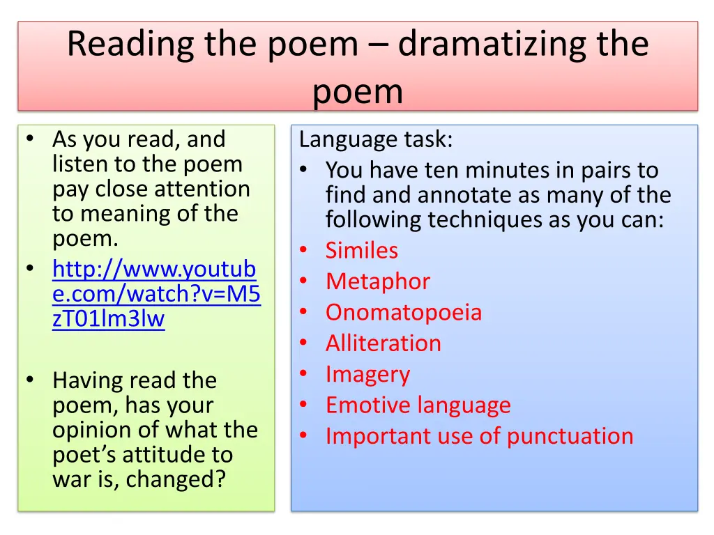 reading the poem dramatizing the poem as you read