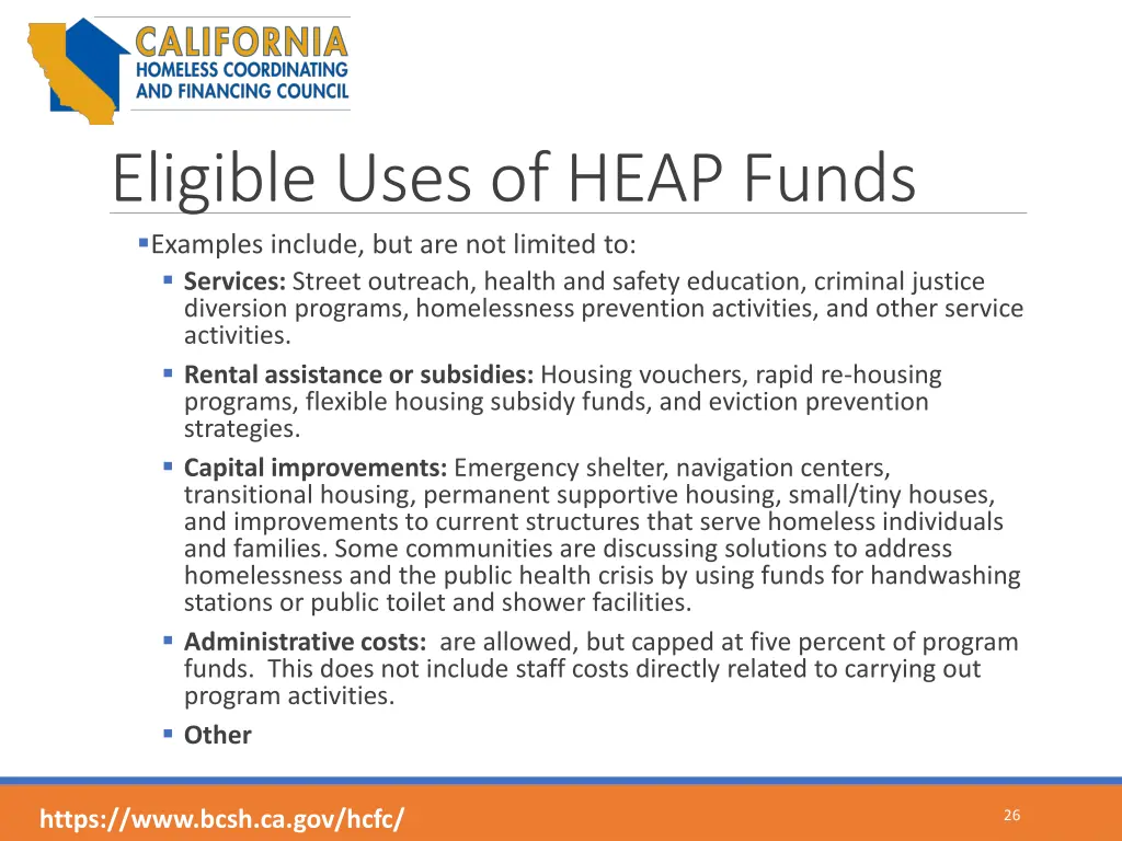 eligible uses of heap funds examples include