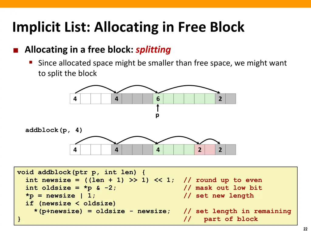 implicit list allocating in free block