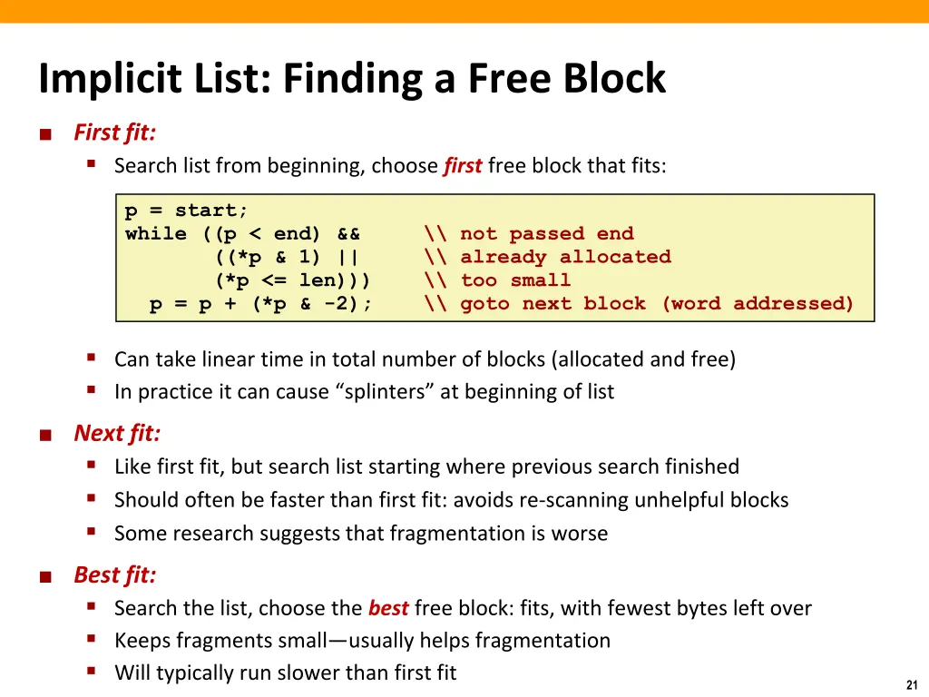 implicit list finding a free block