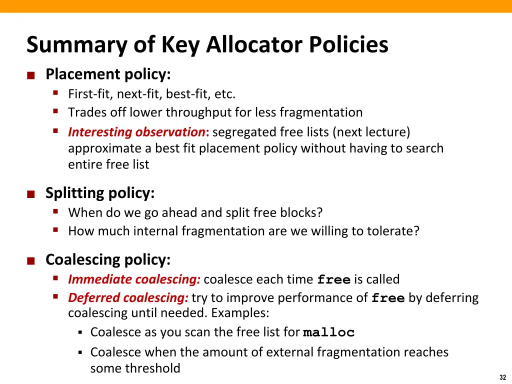 summary of key allocator policies