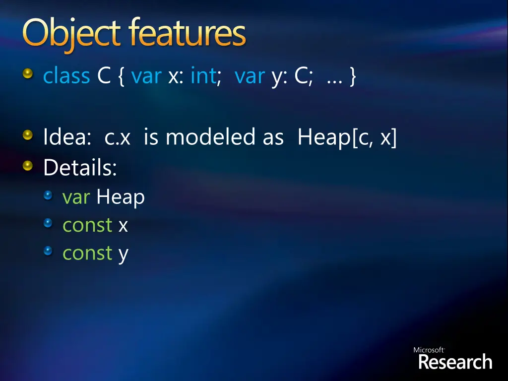 object features class c var x int var y c