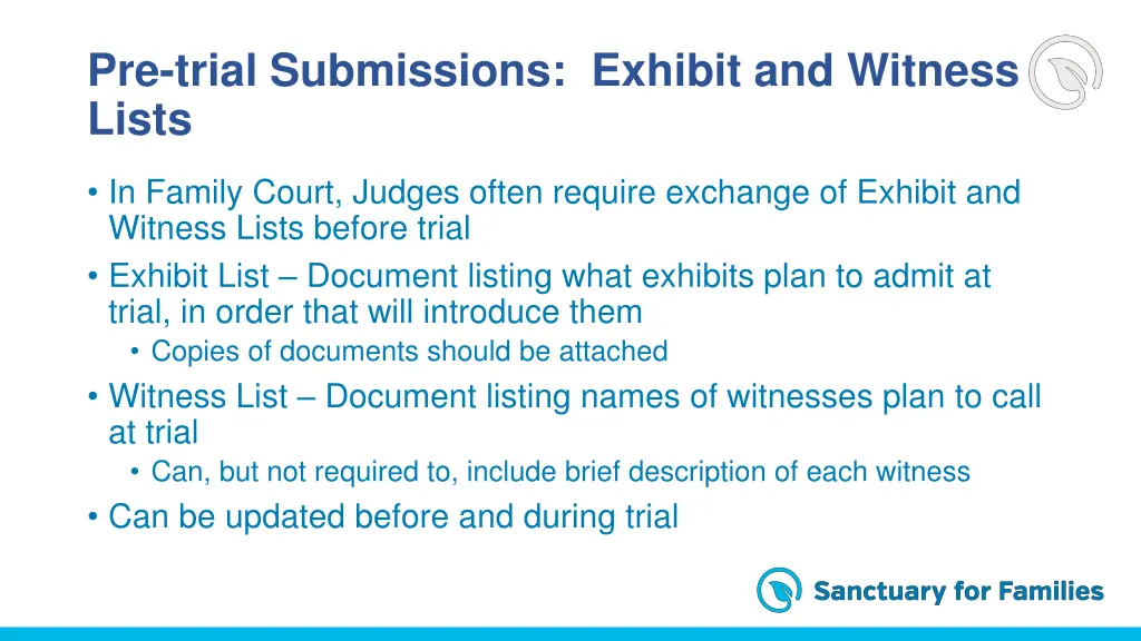 pre trial submissions exhibit and witness lists