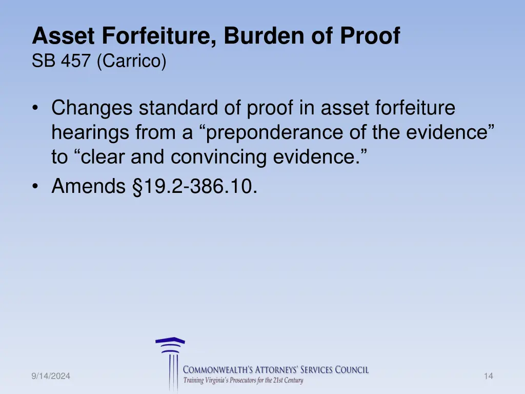 asset forfeiture burden of proof sb 457 carrico