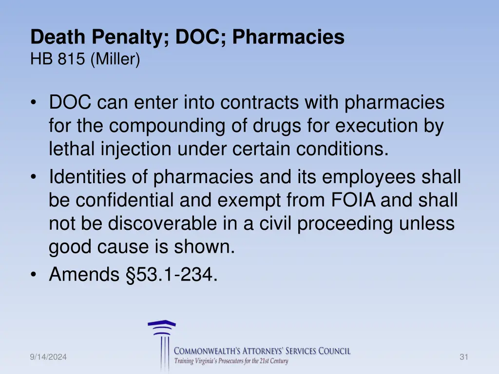 death penalty doc pharmacies hb 815 miller