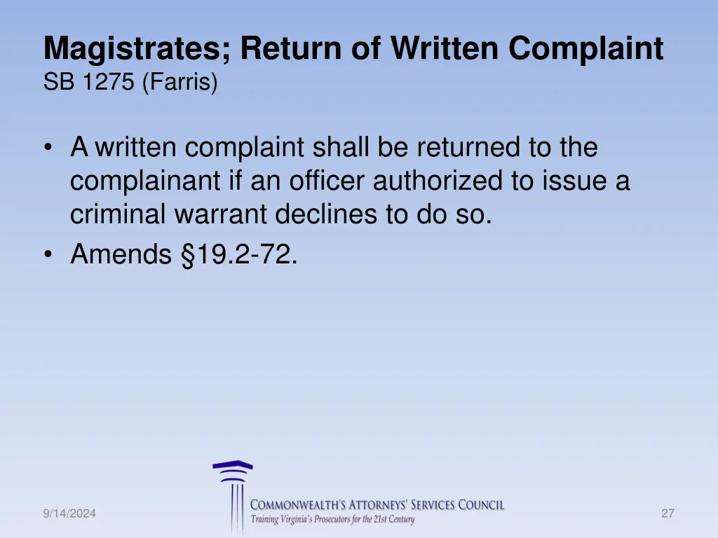 magistrates return of written complaint sb 1275