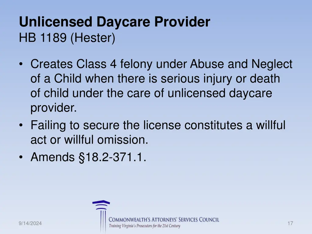 unlicensed daycare provider hb 1189 hester