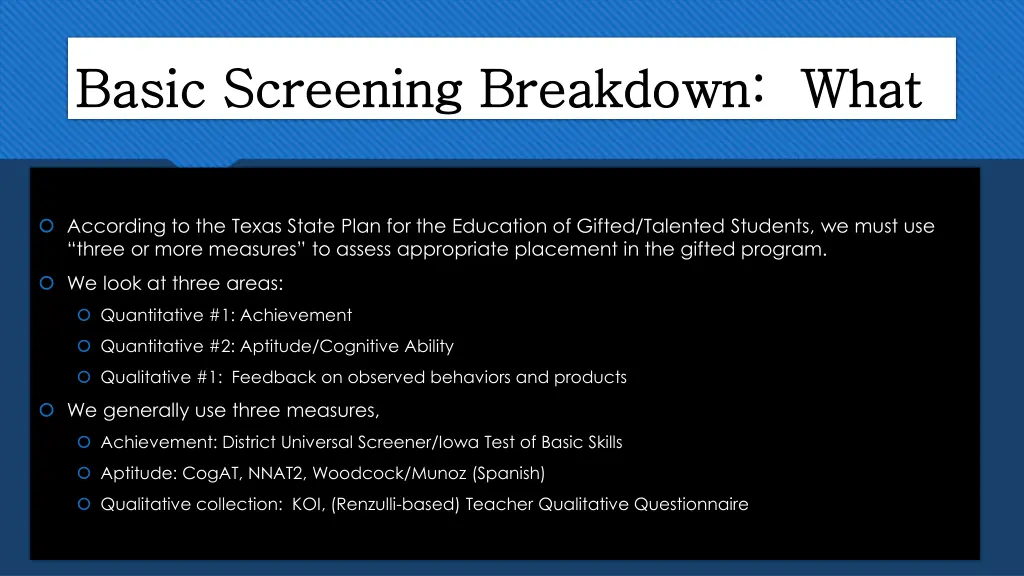 basic screening breakdown what basic screening