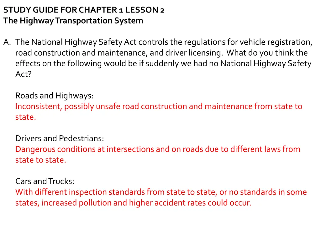 study guide for chapter 1 lesson 2 the highway