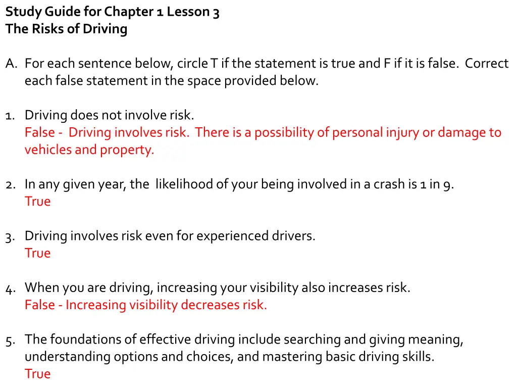 study guide for chapter 1 lesson 3 the risks