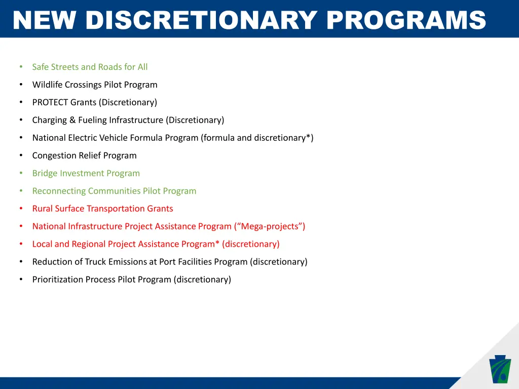 new discretionary programs