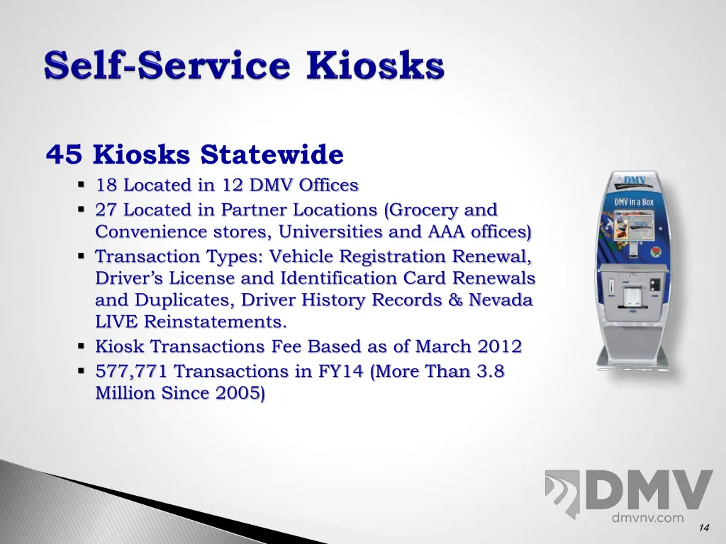 45 kiosks statewide 18 located in 12 dmv offices