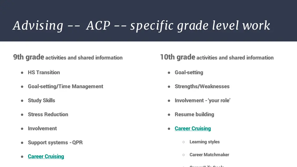 advising acp specific grade level work