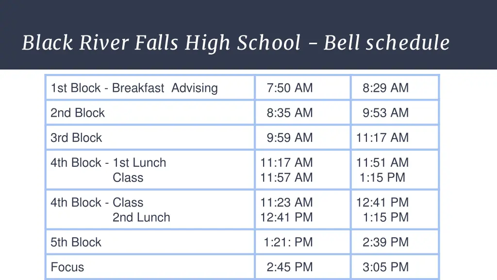 black river falls high school bell schedule