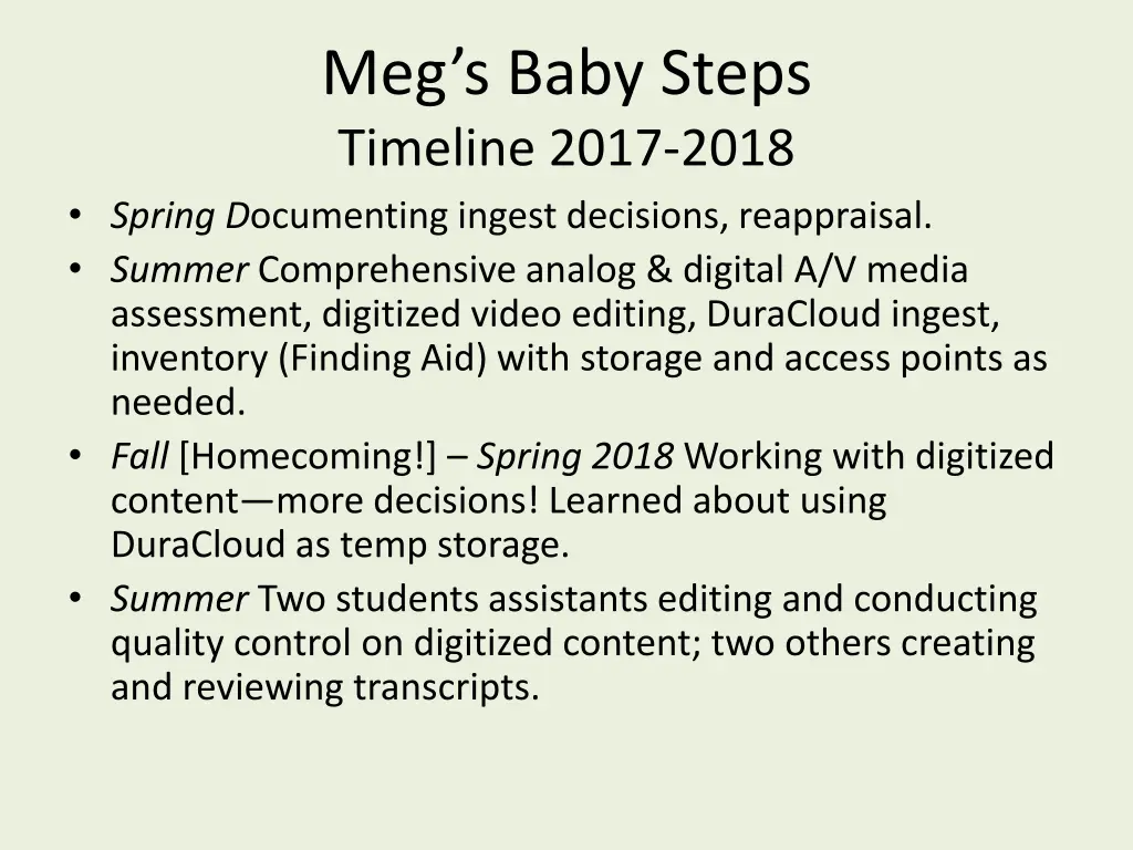 meg s baby steps timeline 2017 2018 spring