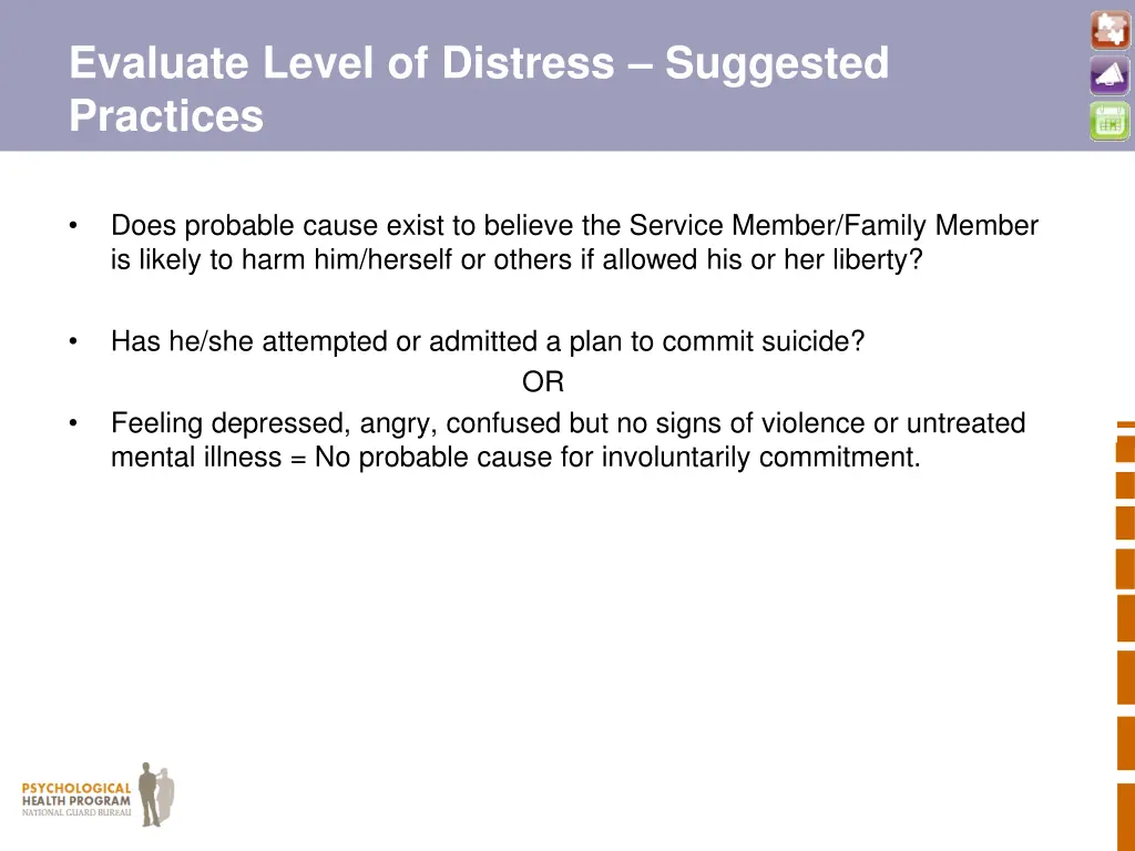 evaluate level of distress suggested practices