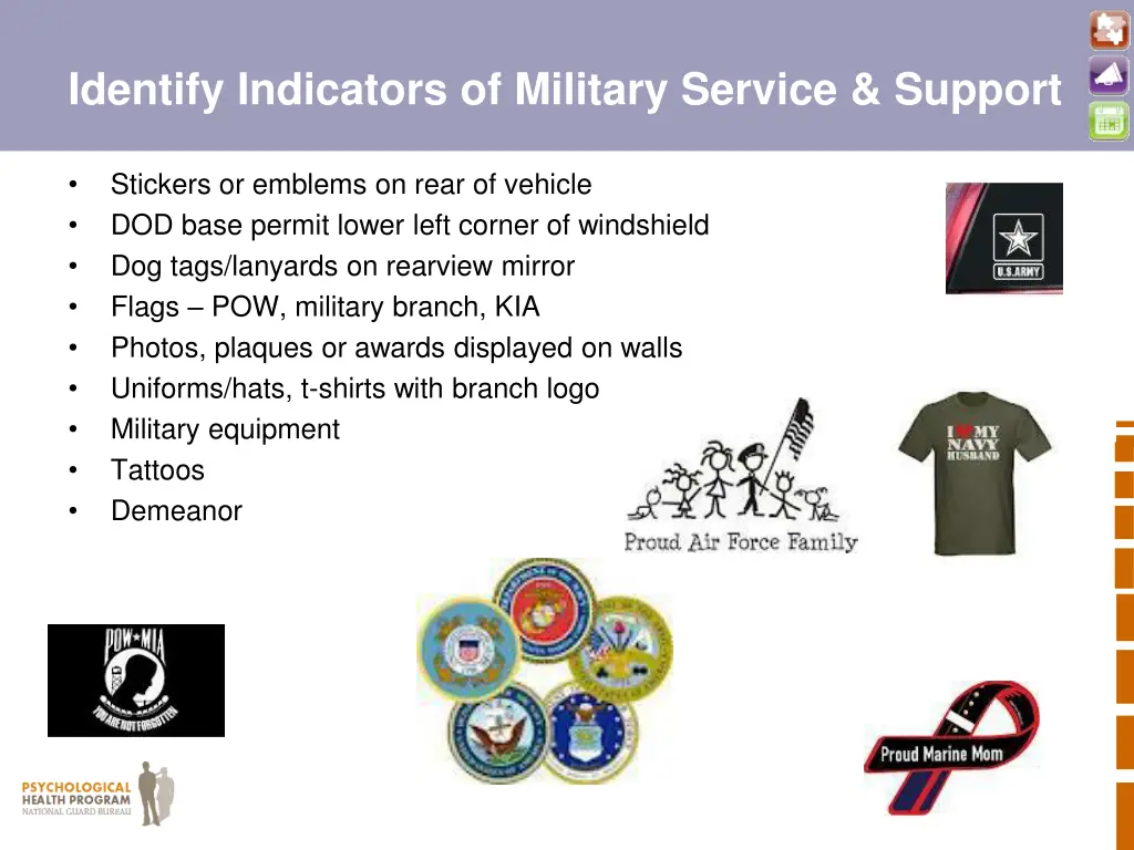 identify indicators of military service support