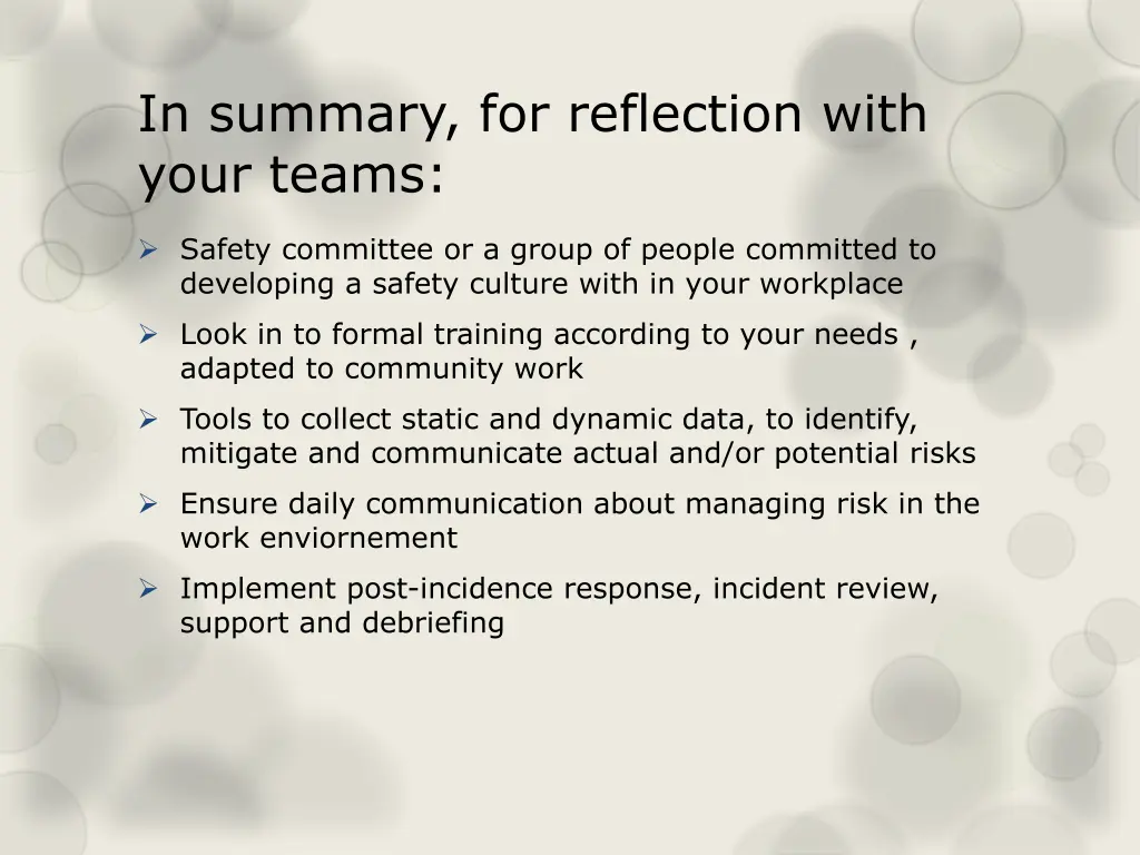 in summary for reflection with your teams