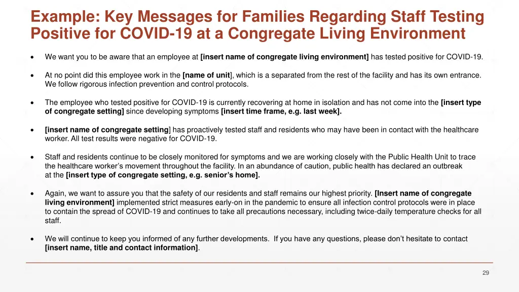 example key messages for families regarding staff