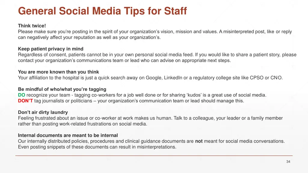 general social media tips for staff