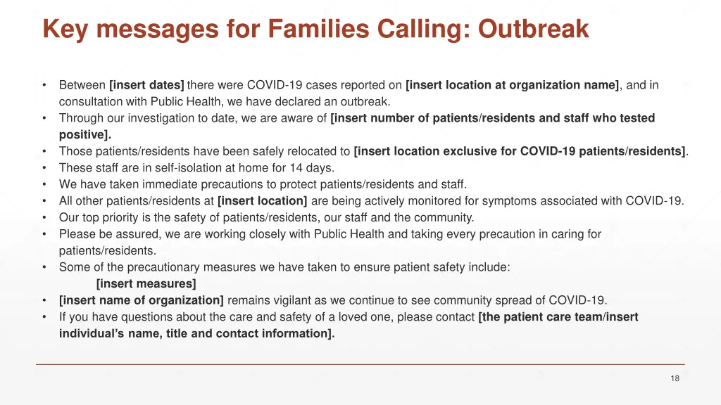 key messages for families calling outbreak