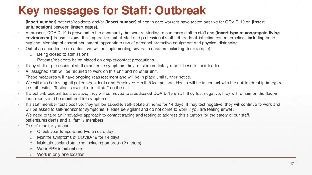 key messages for staff outbreak