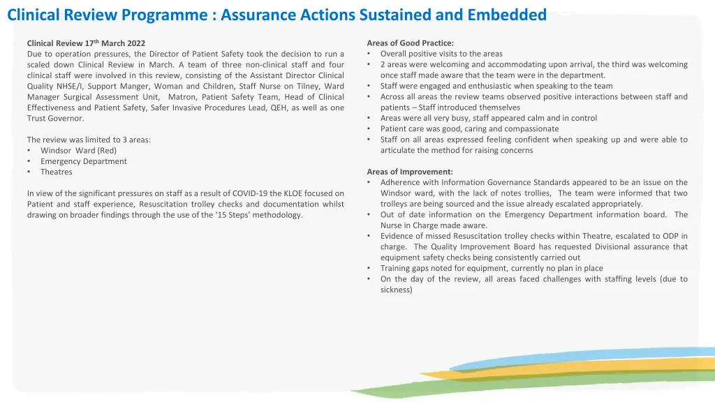 clinical review programme assurance actions