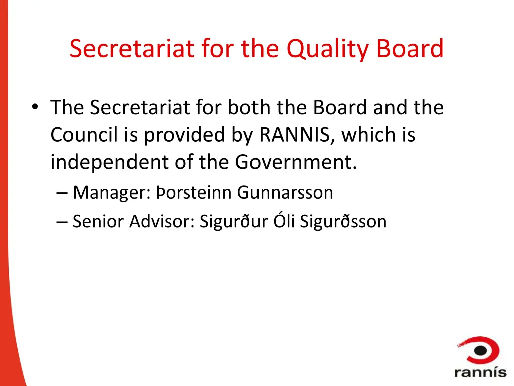 secretariat for the quality board