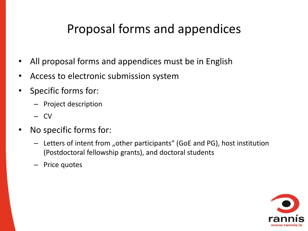 proposal forms and appendices