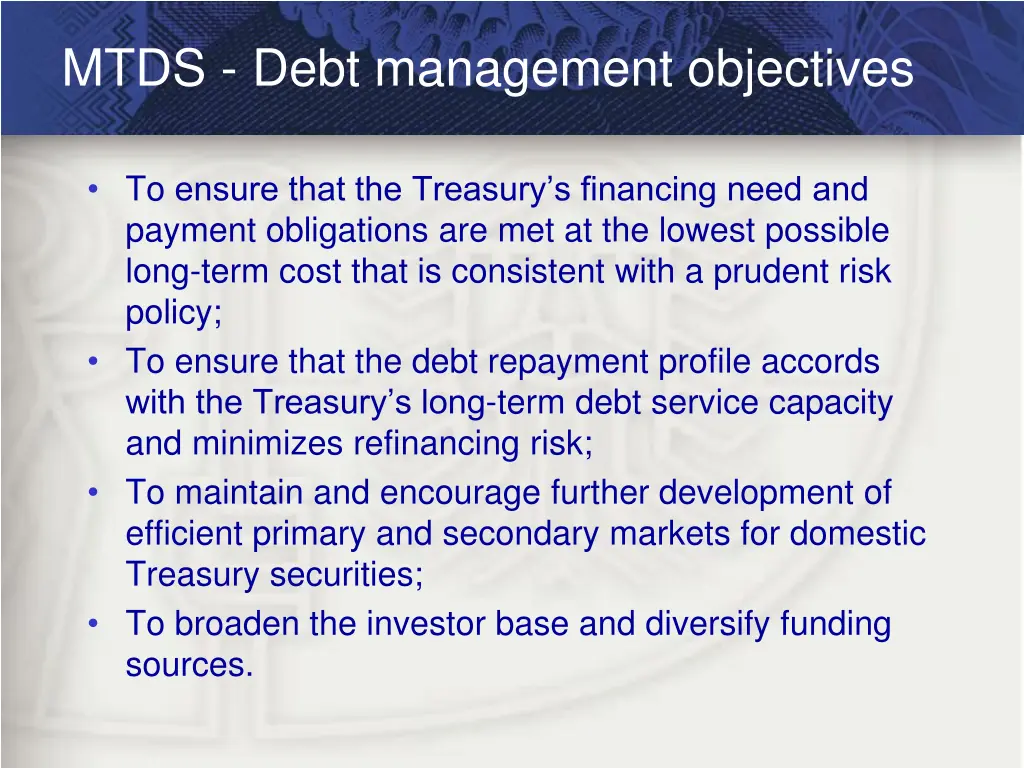 mtds debt management objectives