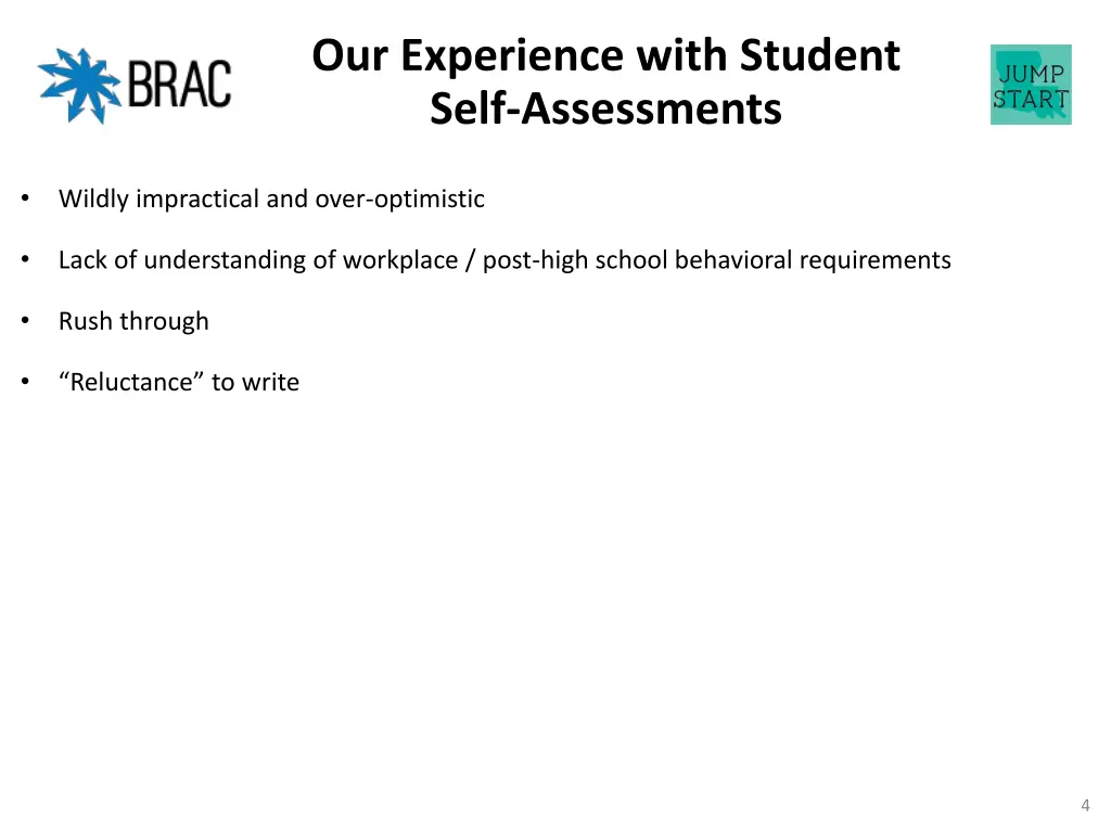 our experience with student self assessments