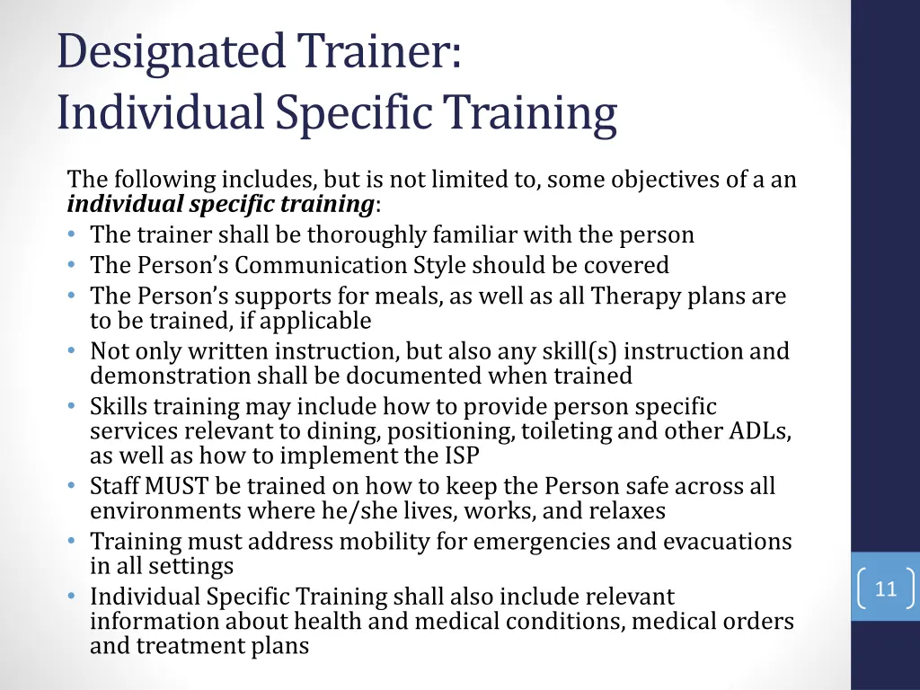 designated trainer individual specific training