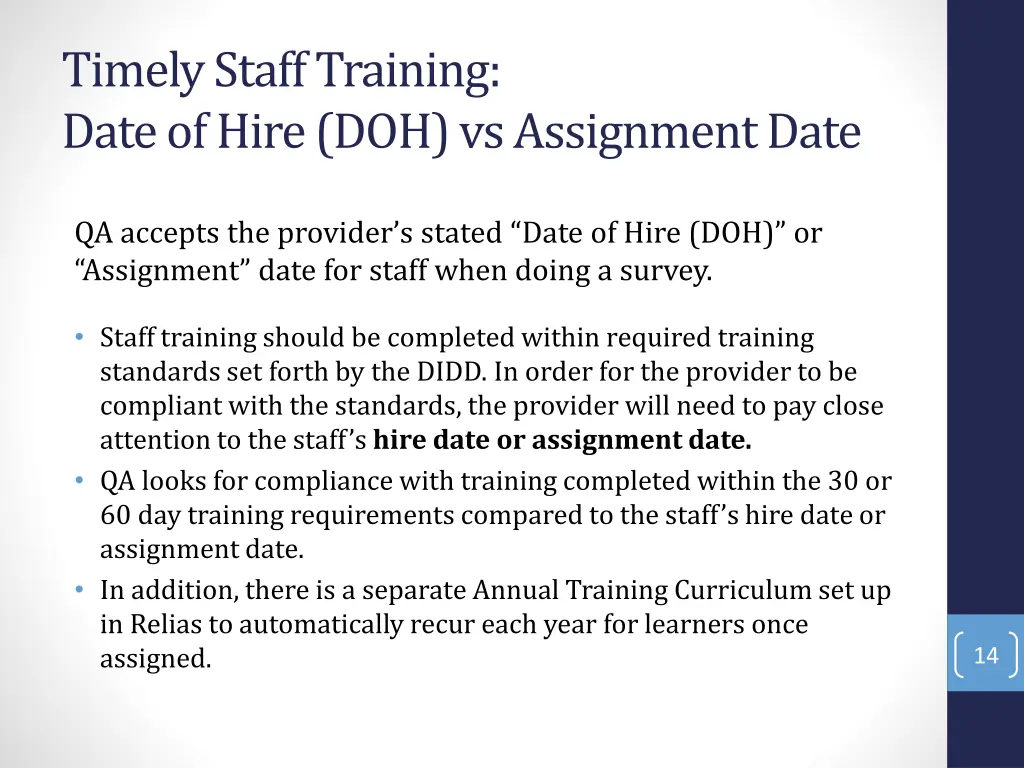 timely staff training date of hire