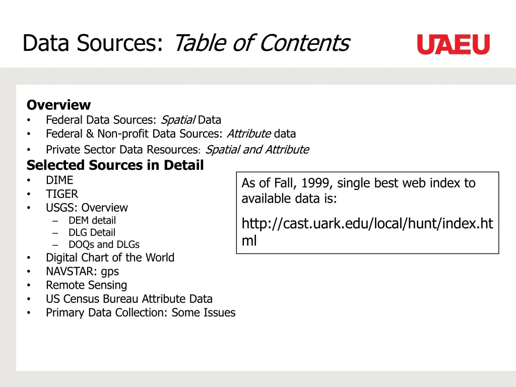 data sources table of contents