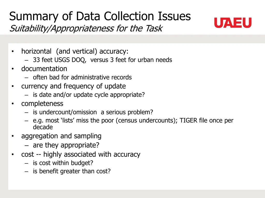 summary of data collection issues suitability