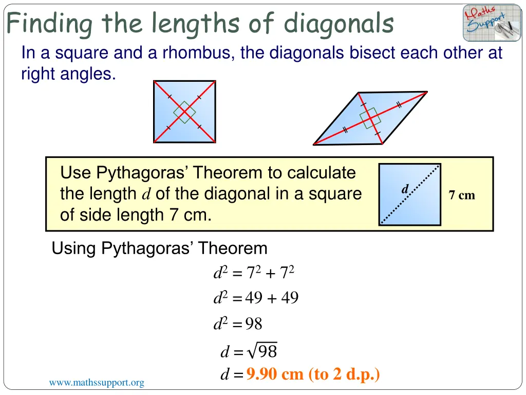 finding the lengths of diagonals in a square