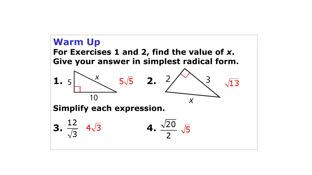 warm up for exercises 1 and 2 find the value