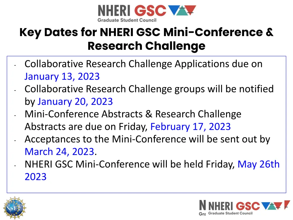 key dates for nheri gsc mini conference research