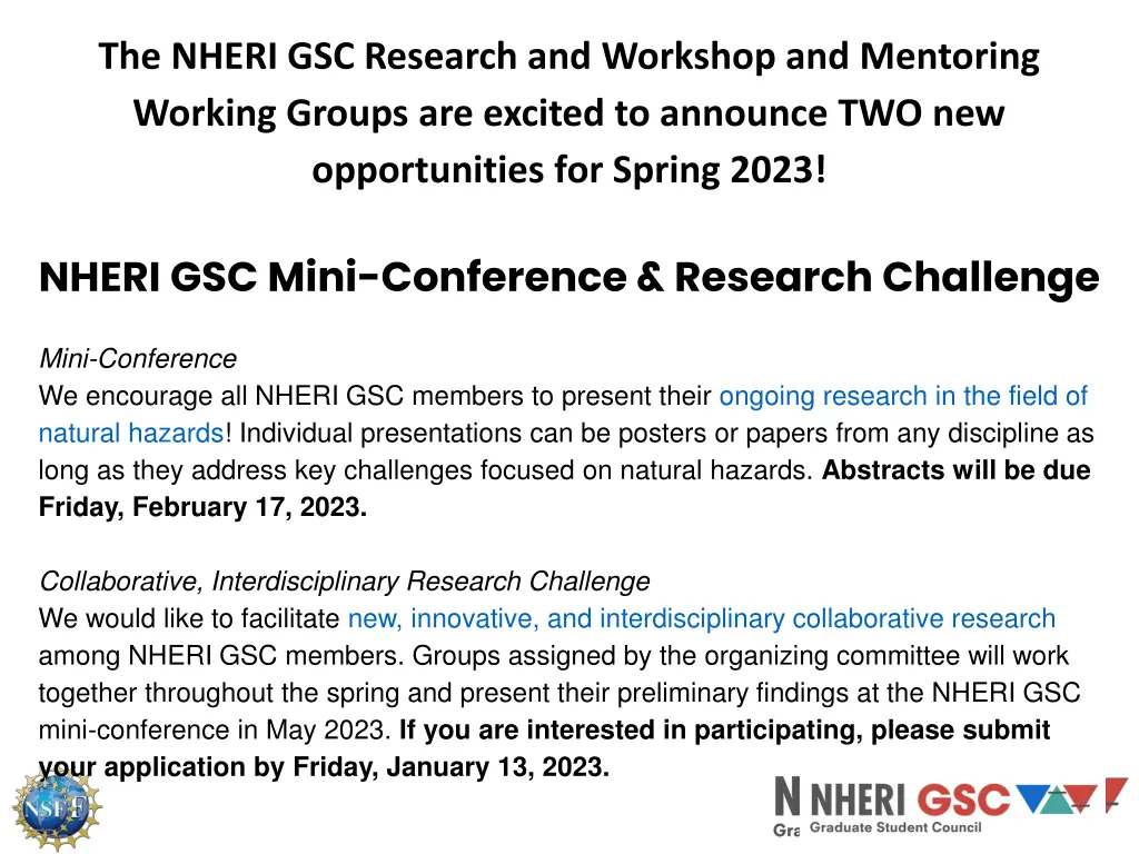 the nheri gsc research and workshop and mentoring