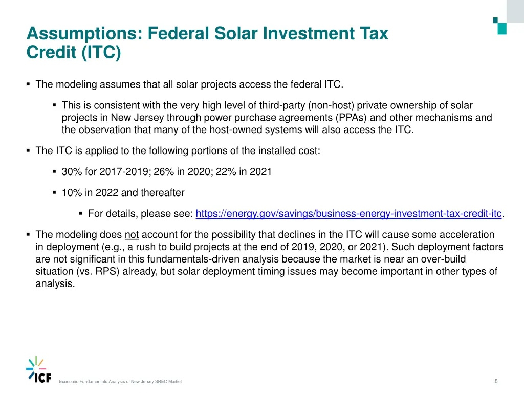 assumptions federal solar investment tax credit