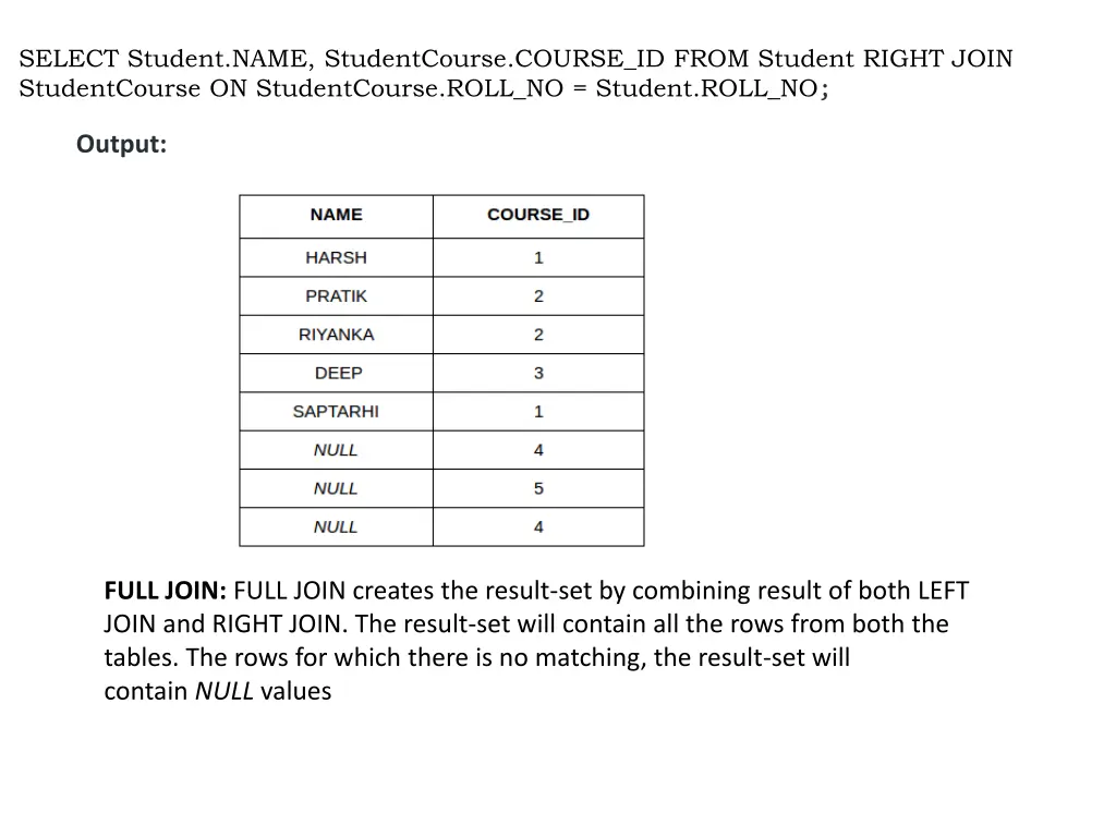 select student name studentcourse course id from