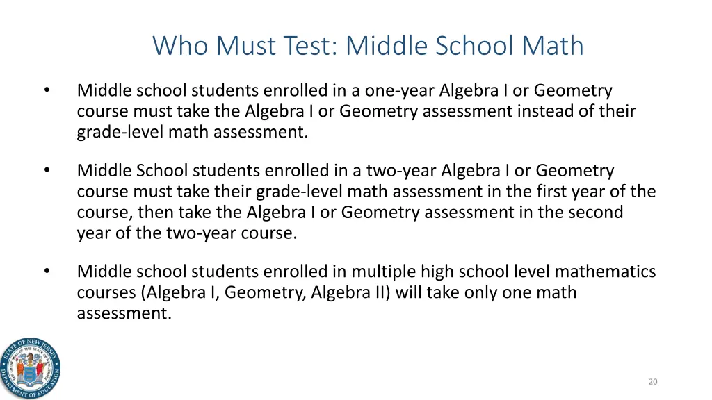 who must test middle school math